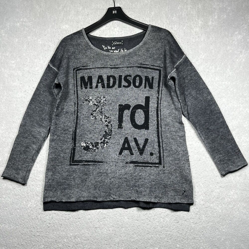 Grace Sweater Women’s Medium Gray Wool Cashmere Blend Madison 3rd Av Long Sleeve